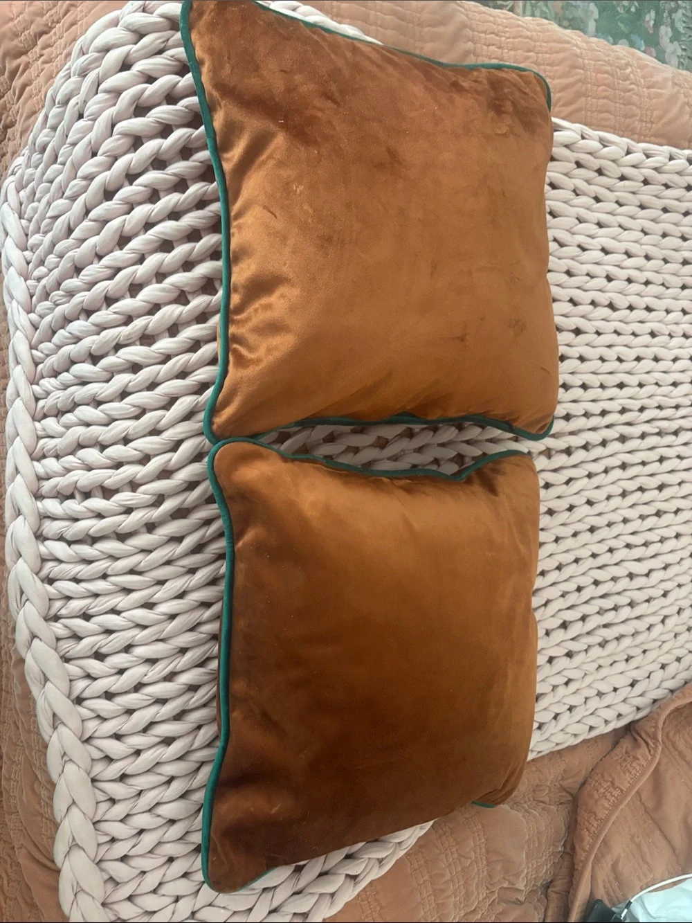 Velvet Throw Pillow in Caramel with Green Piping